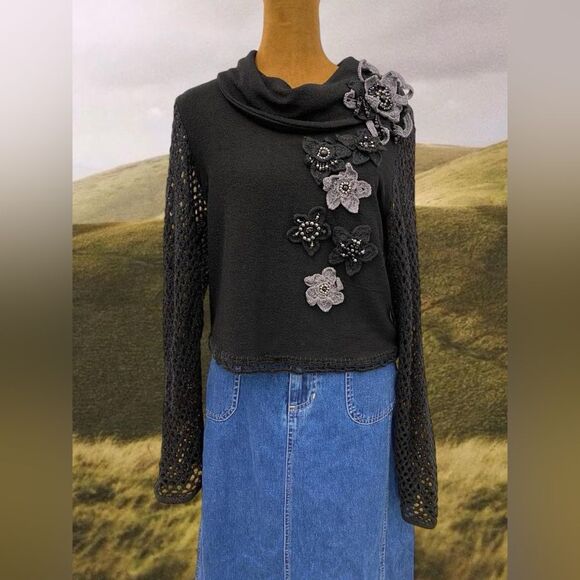 Y2K Whimsigoth Knitted Floral Sweater Top:Mesh Festival Going Out Party Grunge - Picture 2 of 8
